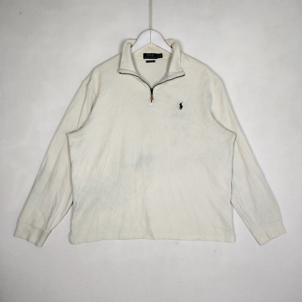 Polo Ralph Lauren Mens Large Estate Rib Quarter Zip Pullover Cream Off White